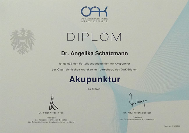 Dr. Angelika Schatzmann - Diplom für Akupunktur