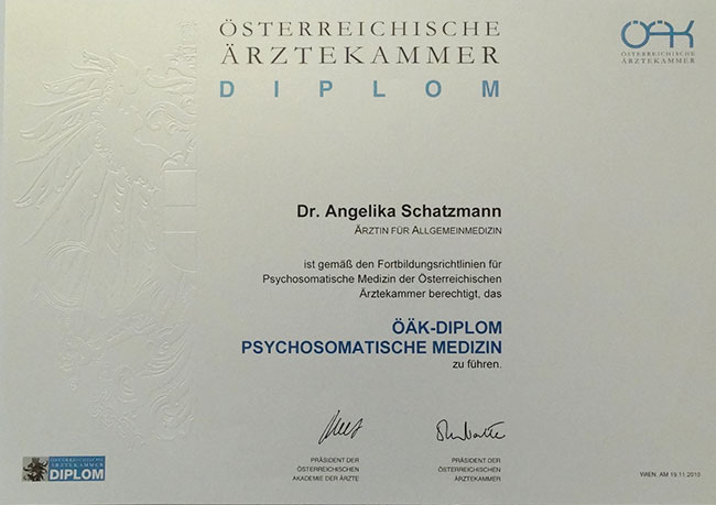 Dr. Angelika Schatzmann - Diplom für Psychosomatische Medizin