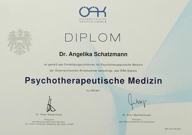 Dr. Angelika Schatzmann - Diplom für Psychotherapie
