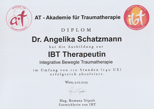 Dr. Angelika Schatzmann Diplom für IBT Therapeutin - Integrative Bewegte Traumatherapie